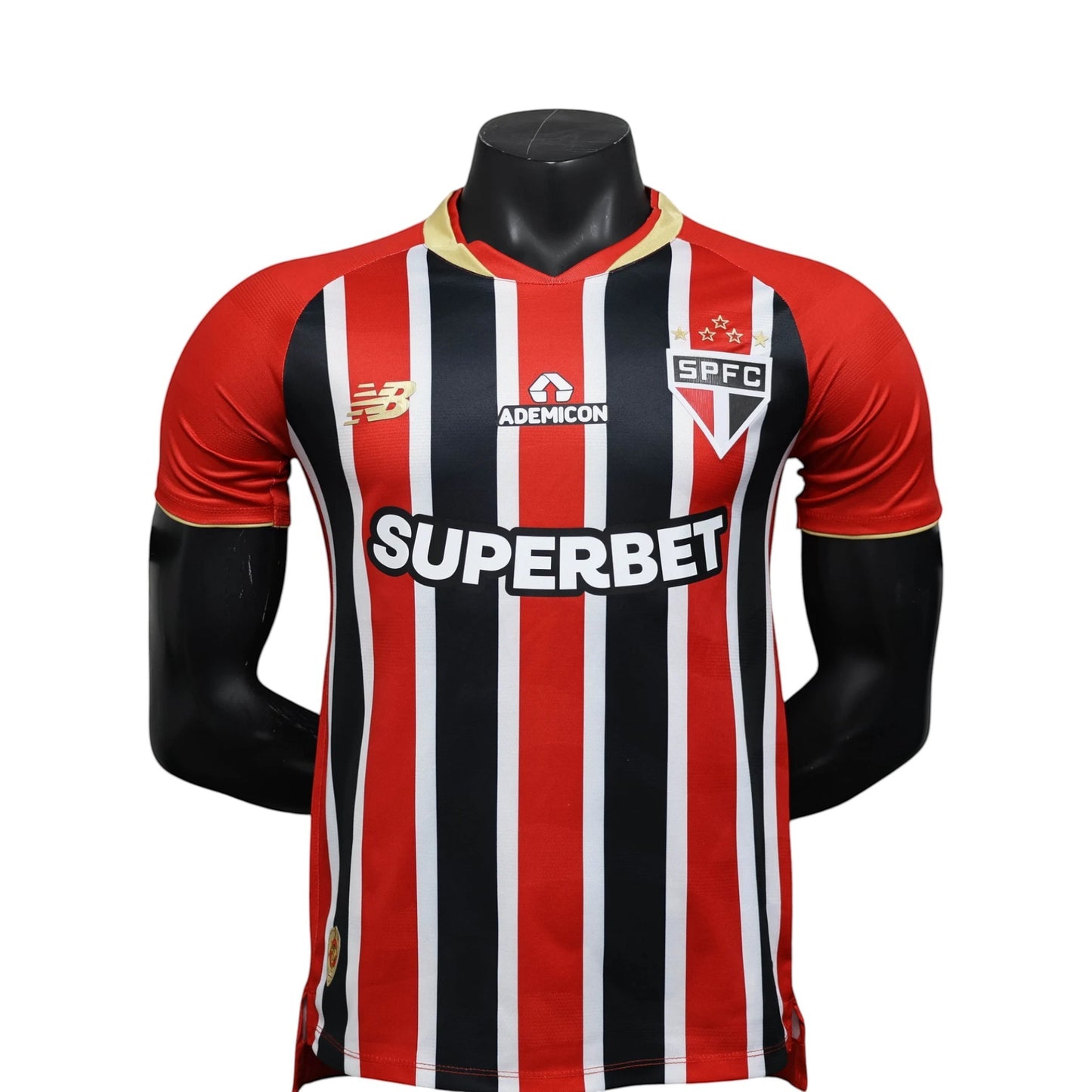 GOATkitz São Paulo 2025-26 Player Version Away Jersey: red, black, and white vertical stripes, customizable name & number.