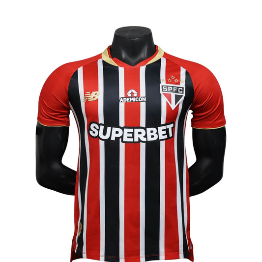 GOATkitz São Paulo 2025-26 Player Version Away Jersey: red, black, and white vertical stripes, customizable name & number.
