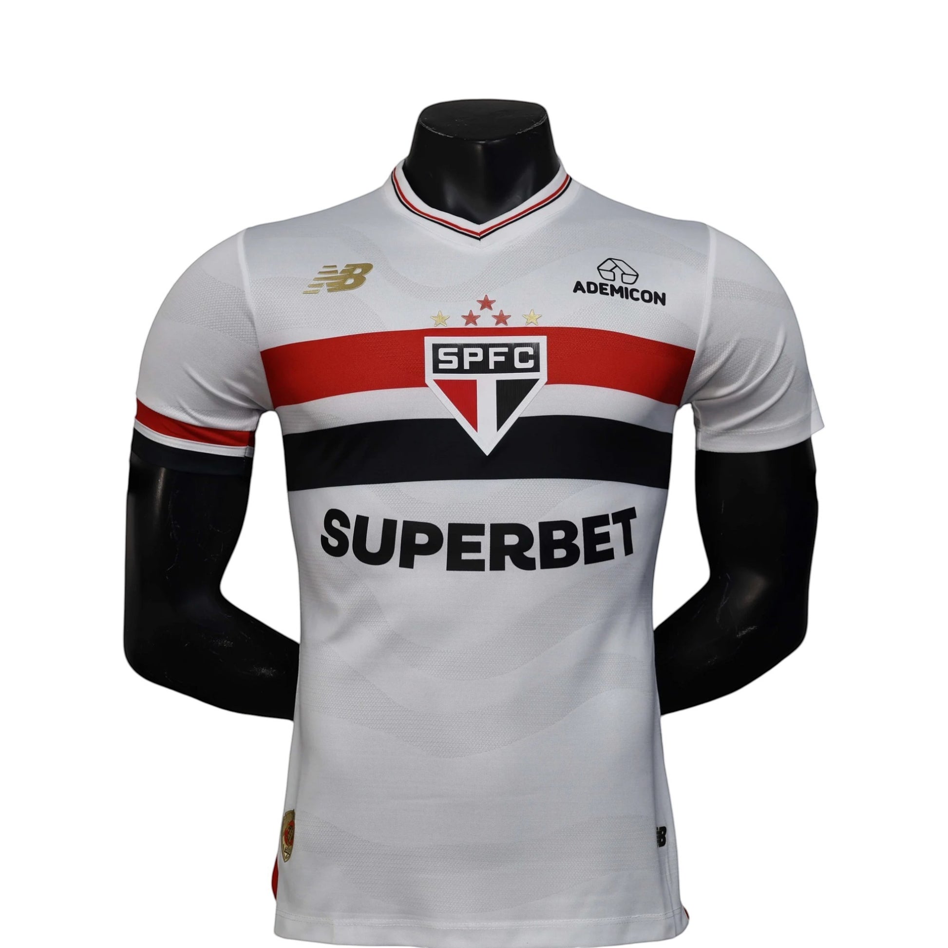 GOATkitz São Paulo 2025-26 Player Version Home Jersey, white with red and black stripes, customizable name and number.