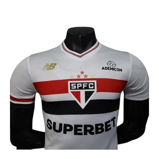 GOATkitz São Paulo 2025-26 Player Version Home Jersey: white with red and black stripes, SPFC crest, customizable name/number.