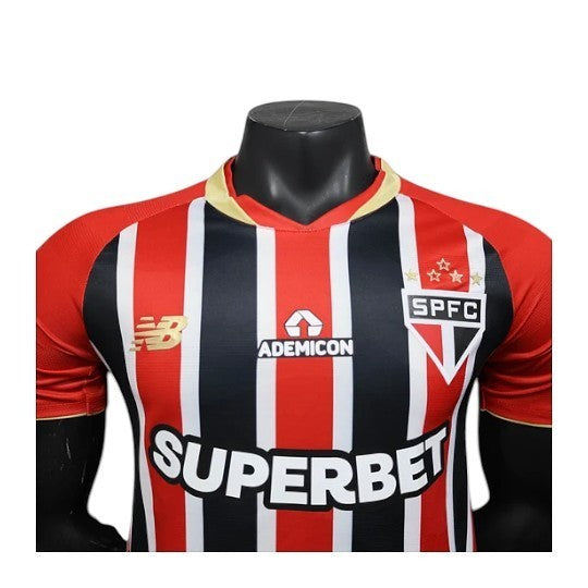 GOATkitz São Paulo 2025-26 Player Version Away Jersey. Black, red, and white striped jersey with gold trim. Customizable.