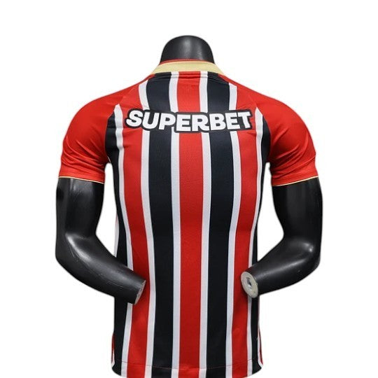 GOATkitz São Paulo 2025-26 Player Version Away Jersey, red, black, and white vertical stripes, 'SUPERBET' logo on back.
