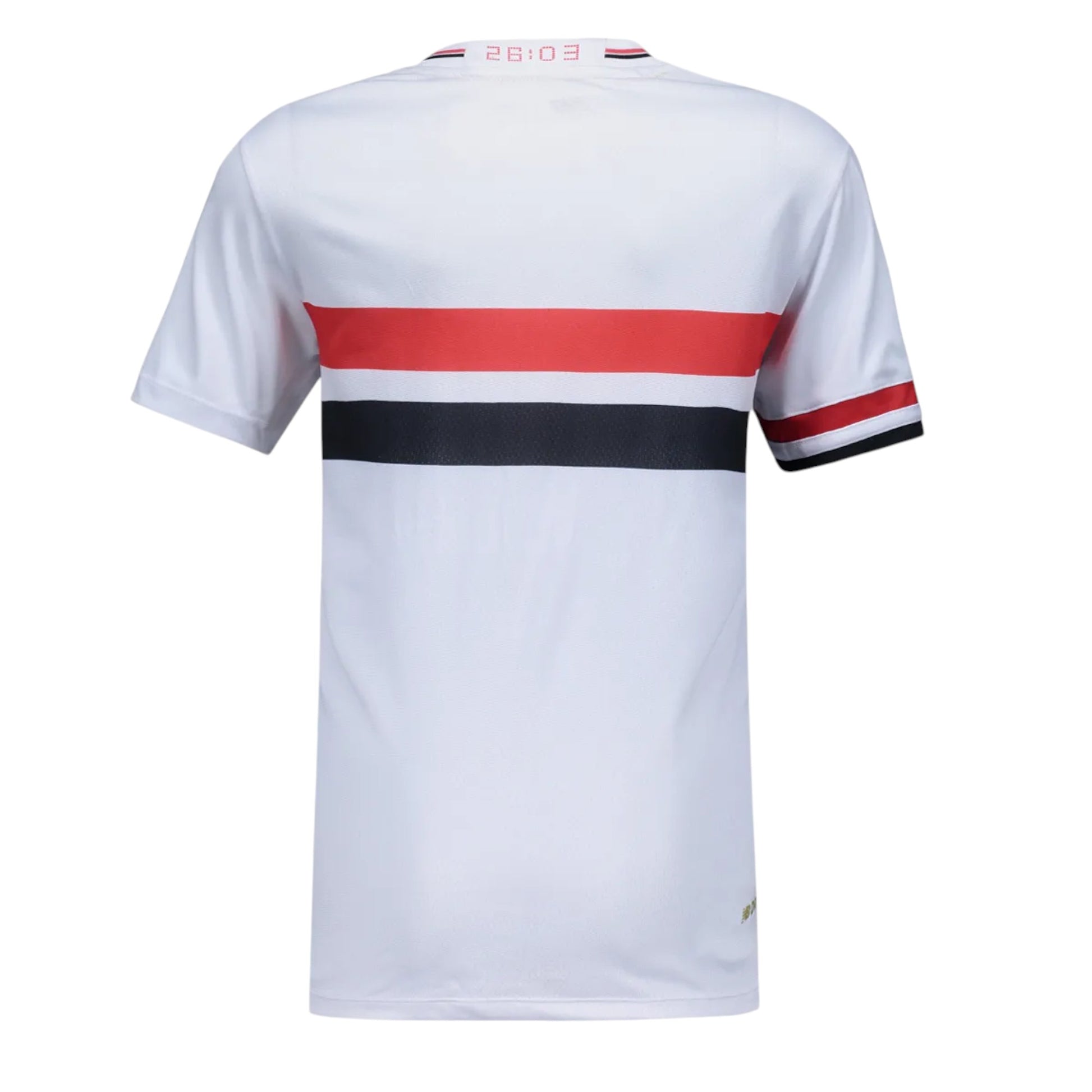 GOATkitz São Paulo 2025-26 adult home jersey, white with red and black horizontal stripes on the chest and sleeve cuffs.