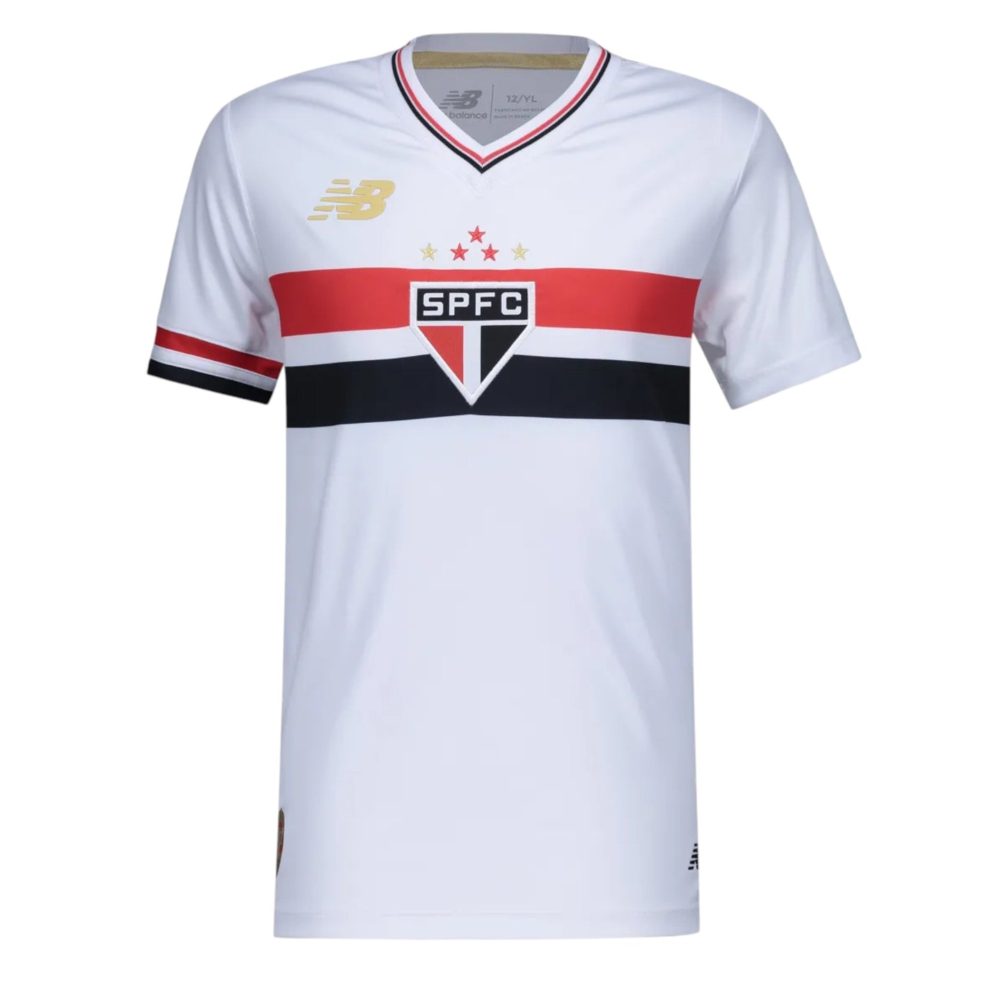 GOATkitz São Paulo 2025-26 adult home jersey, white with red and black horizontal stripes across the chest, V-neck collar, and customisable options.