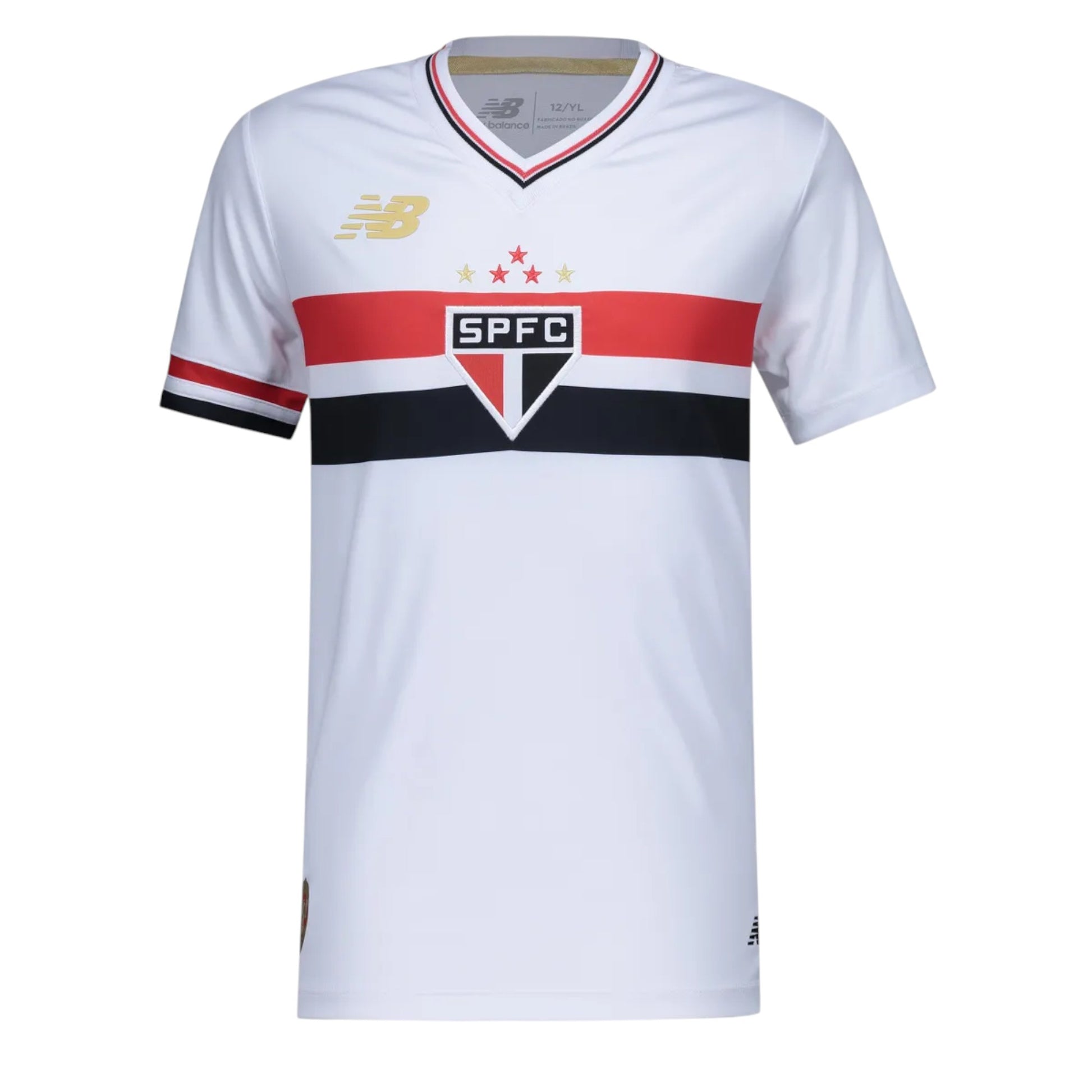 GOATkitz São Paulo 2025-26 adult home jersey, white with red and black horizontal stripes across the chest, V-neck collar, and customisable options.