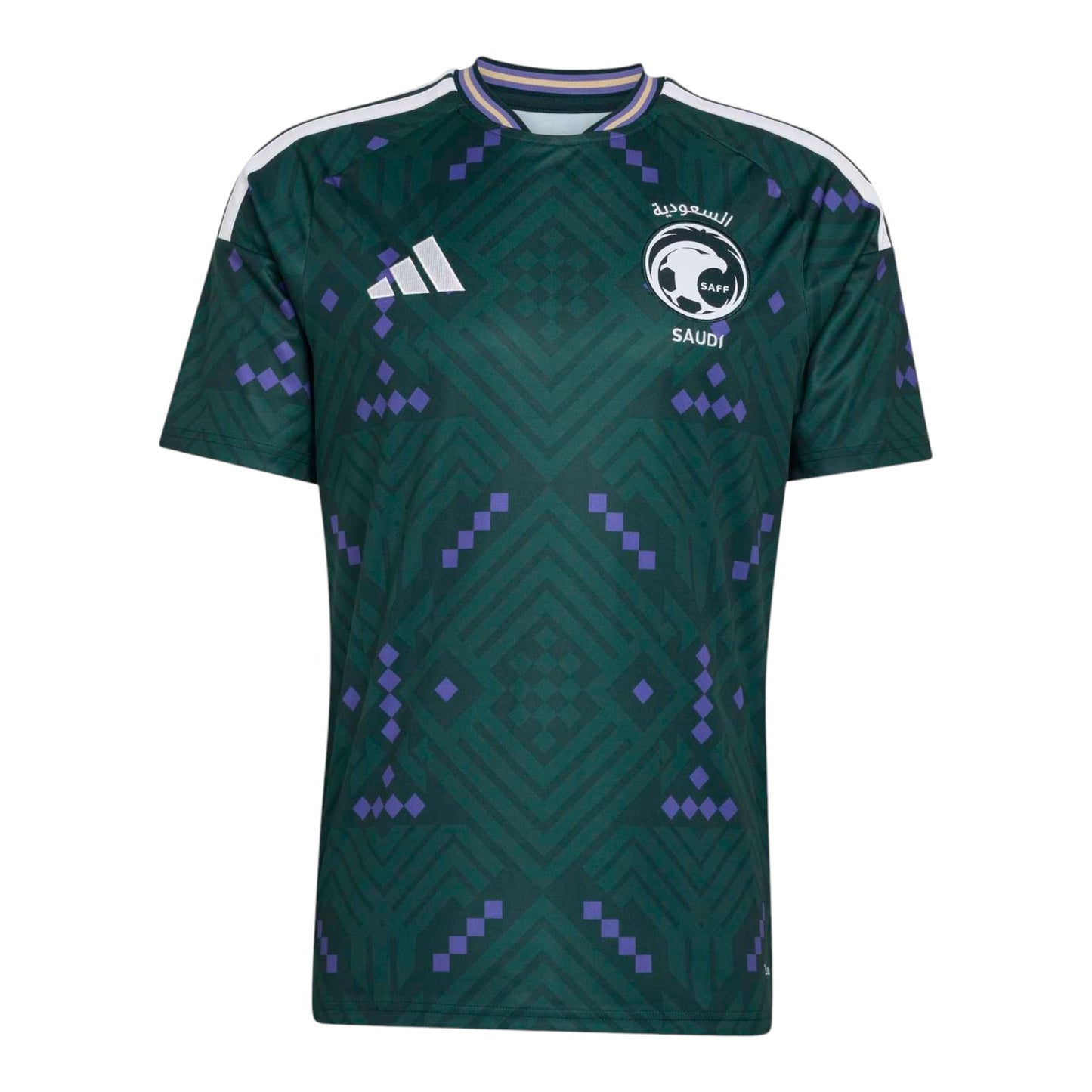 GOATkitz Saudi Arabia 2026 adult home jersey in dark green with a geometric pattern and white Adidas stripes on the shoulders.