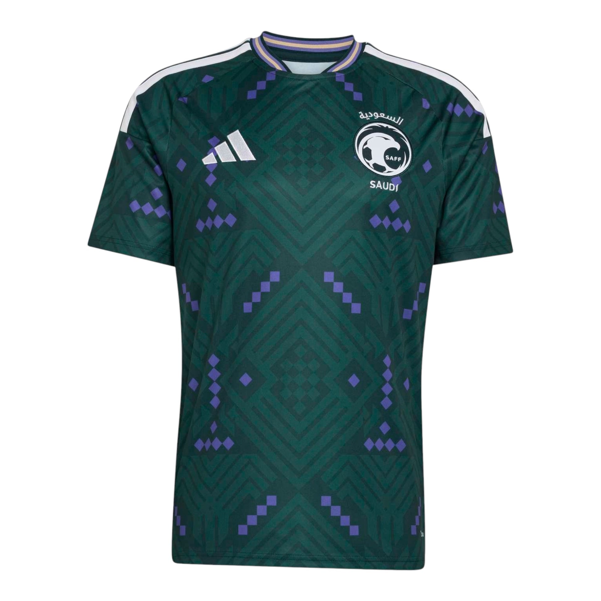 GOATkitz Saudi Arabia 2026 adult home jersey in dark green with a geometric pattern and white Adidas stripes on the shoulders.