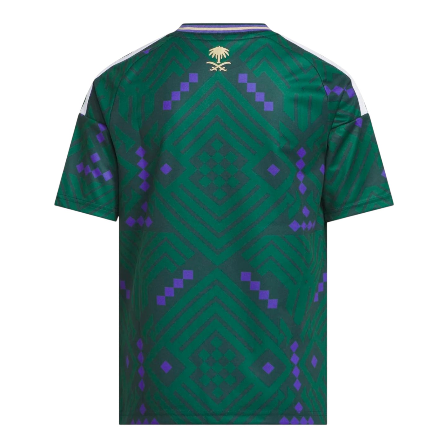 GOATkitz Saudi Arabia 2026 adult home jersey in green with purple geometric pattern and white stripes on sleeves.