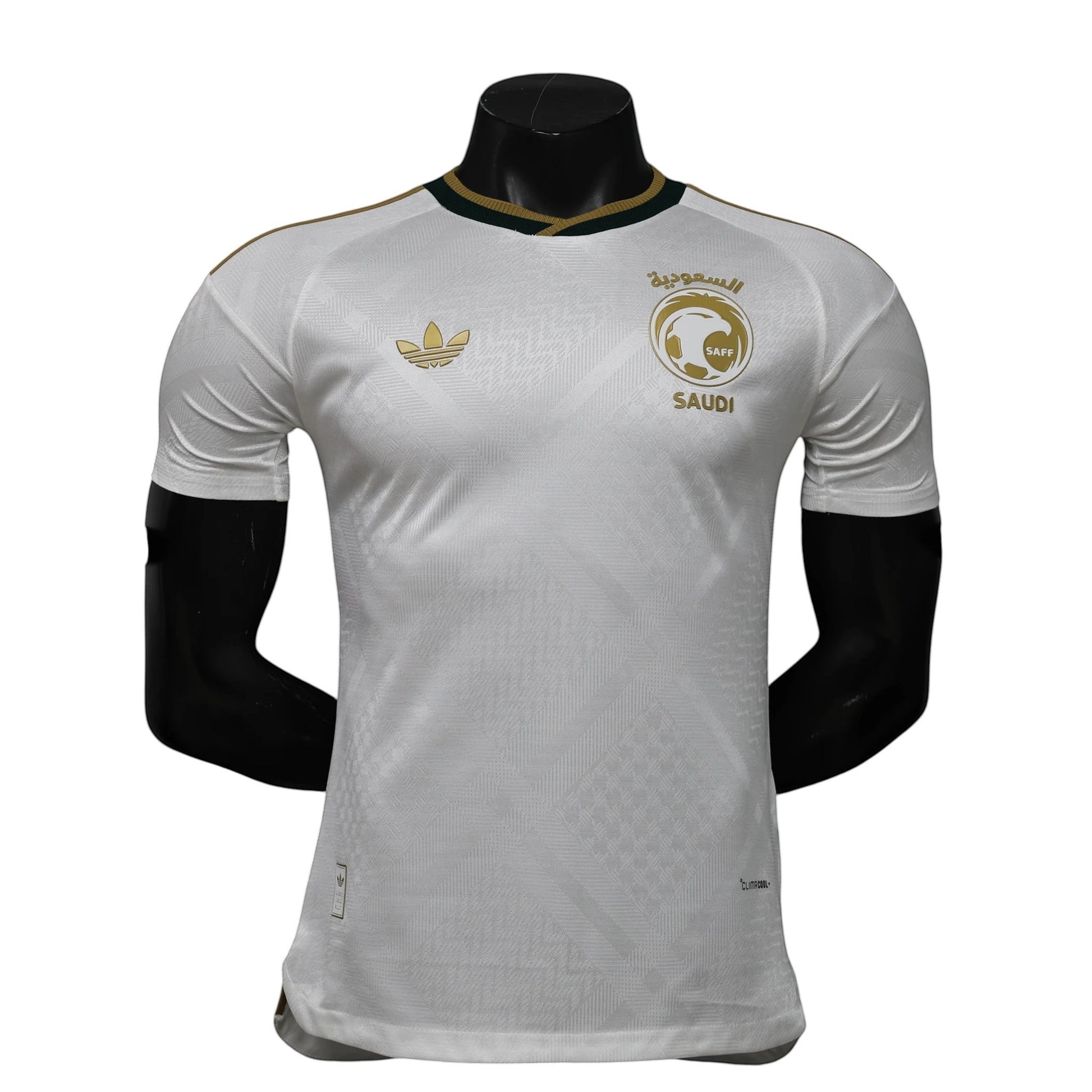 GOATkitz Saudi Arabia 2026 player version away jersey in white with gold accents and green trim on the collar. Features the Saudi Arabian Football Federation crest.