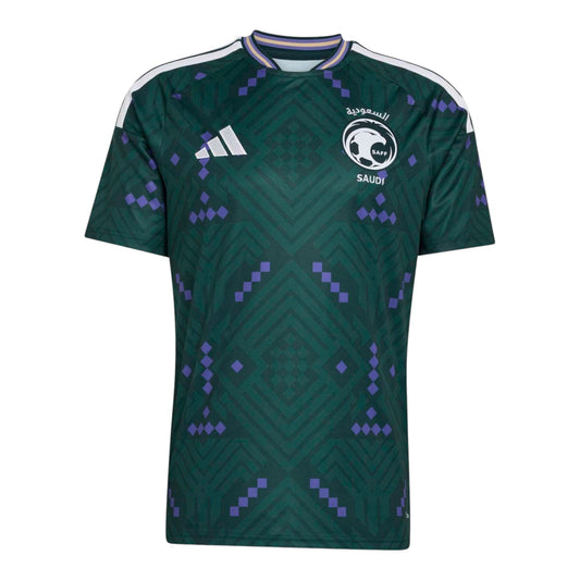 GOATkitz Saudi Arabia 2026 kids green jersey with purple geometric pattern and white stripes on sleeves. Features national crest.