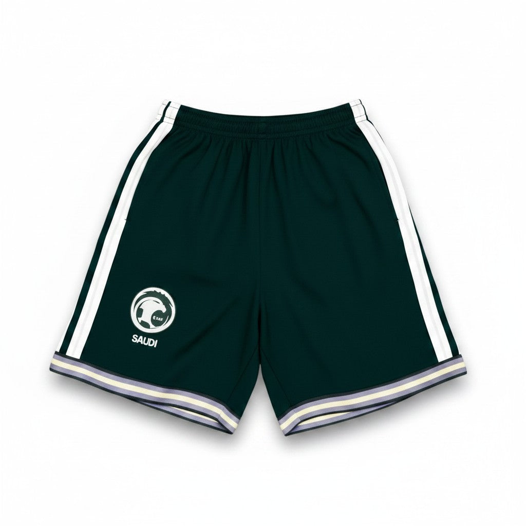 GOATkitz Saudi Arabia 2026 kids home shorts in dark green with white side stripes and embroidered crest.