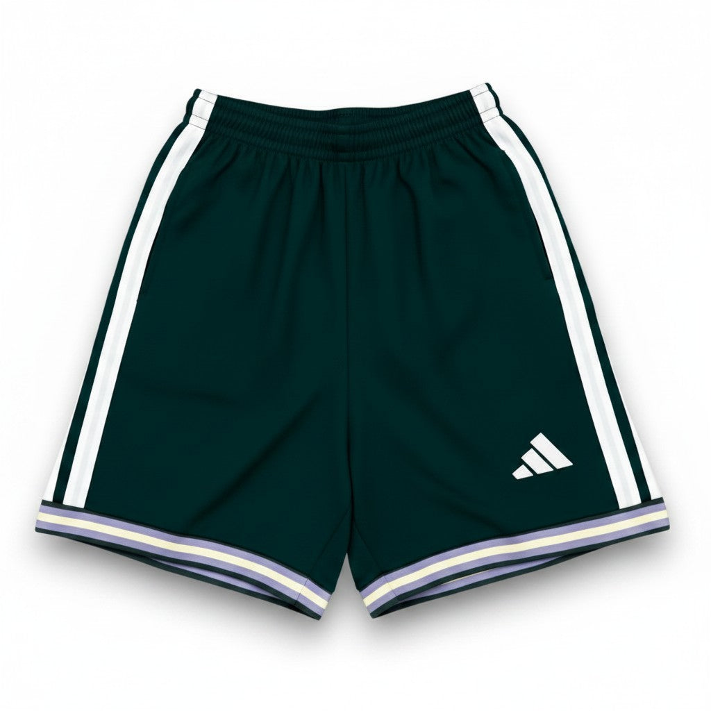 GOATkitz Saudi Arabia 2026 kids home jersey shorts in dark green with white stripes and customizable name/number option.