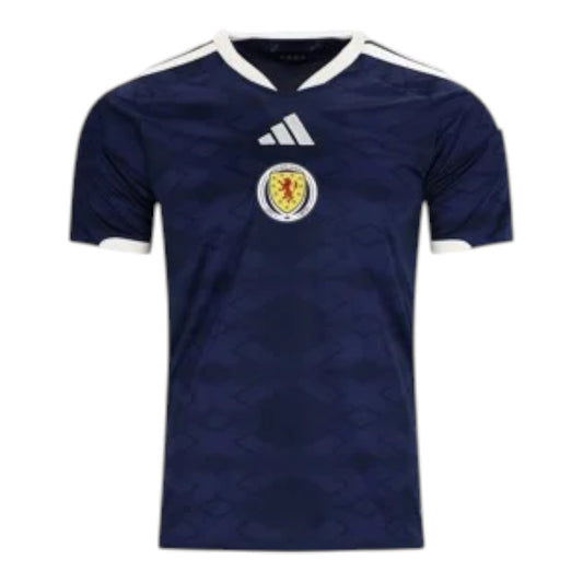 GOATkitz Scotland 2026 adult home jersey, navy blue with white trim and Scotland crest. Customizable.