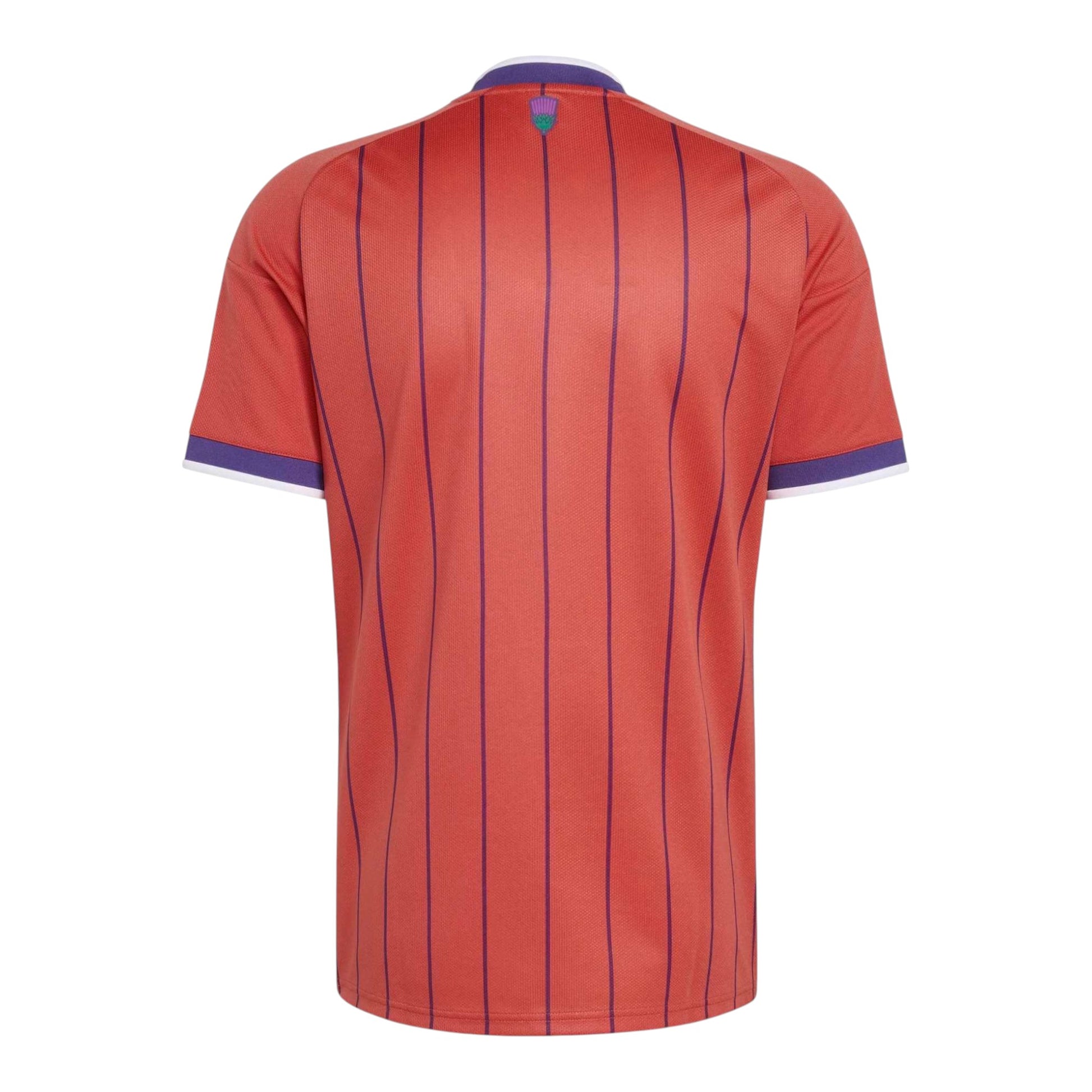 GOATkitz Scotland 2026 adult away jersey, coral with purple pinstripes and white/purple trim on sleeves.