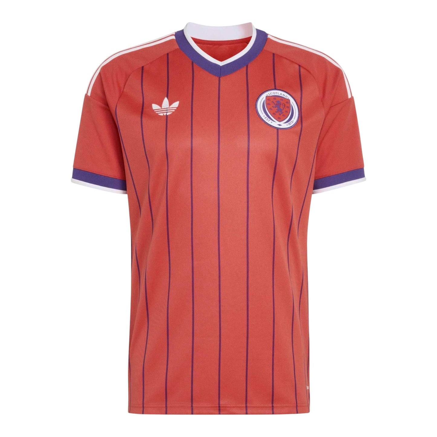 GOATkitz Scotland 2026 adult away jersey in red with purple pinstripes, white and purple trim, and Adidas logo.