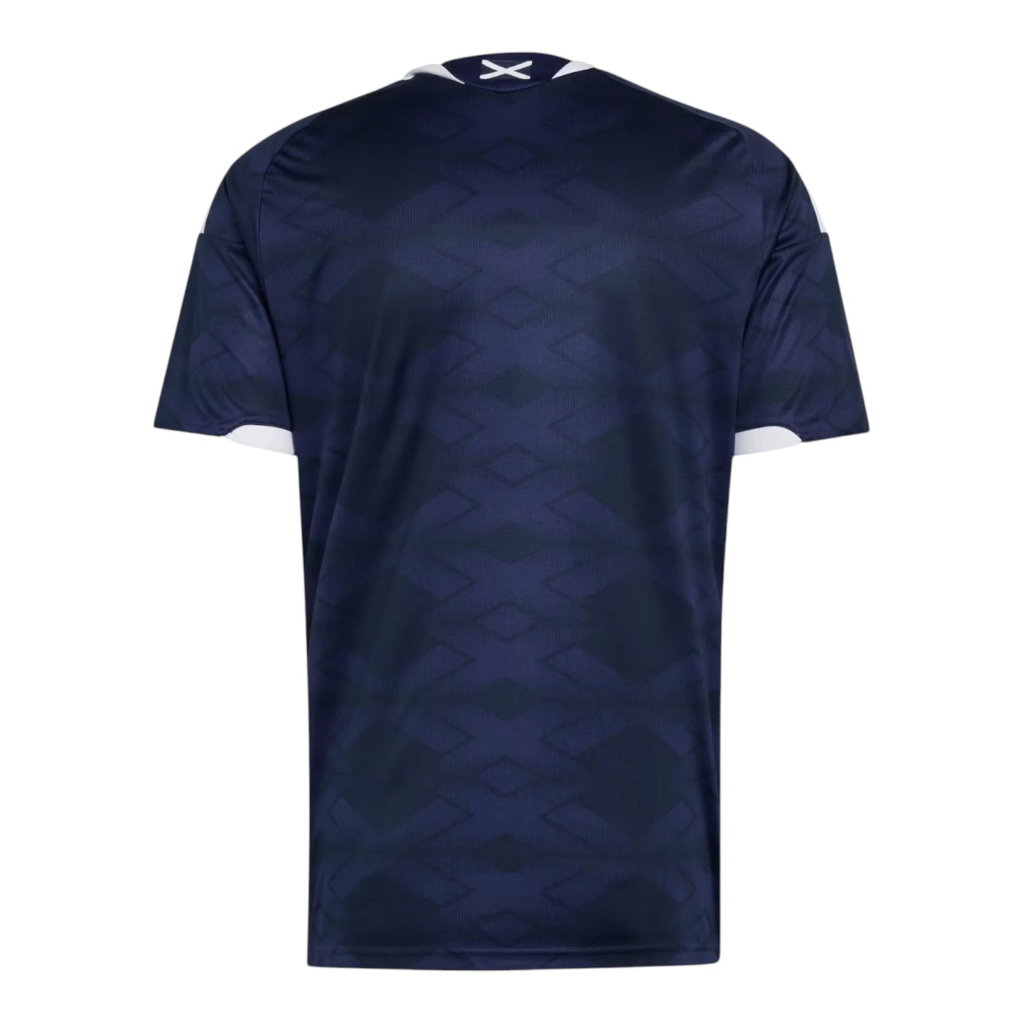 GOATkitz Scotland 2026 adult home jersey, dark navy with white trim and a subtle geometric pattern. Back view.