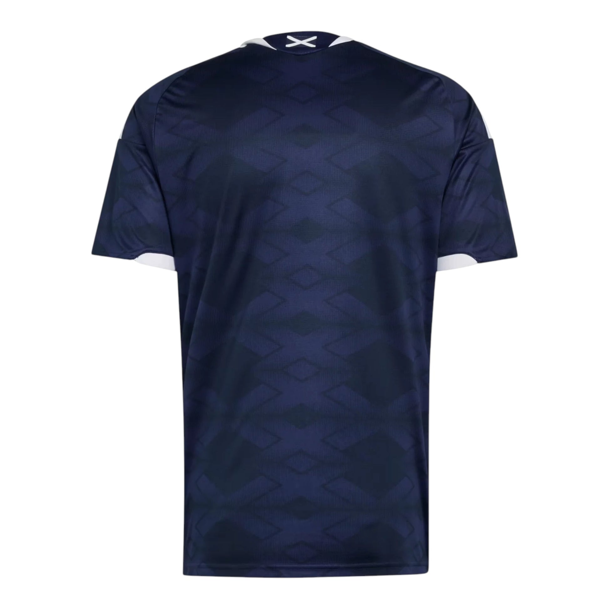 GOATkitz Scotland 2026 adult home jersey, dark navy with white trim and a subtle geometric pattern. Back view.