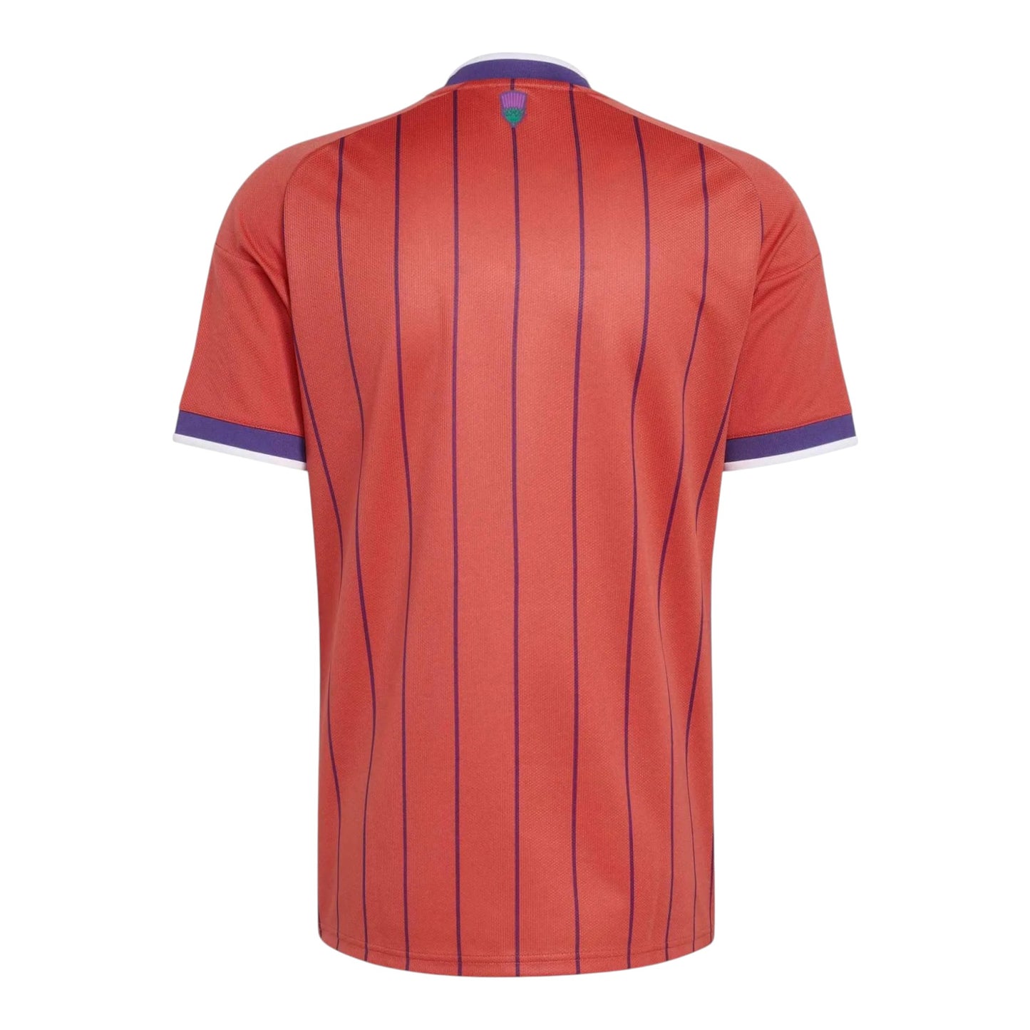 GOATkitz Scotland 2026 kids away jersey, coral with purple pinstripes and white/purple trim.