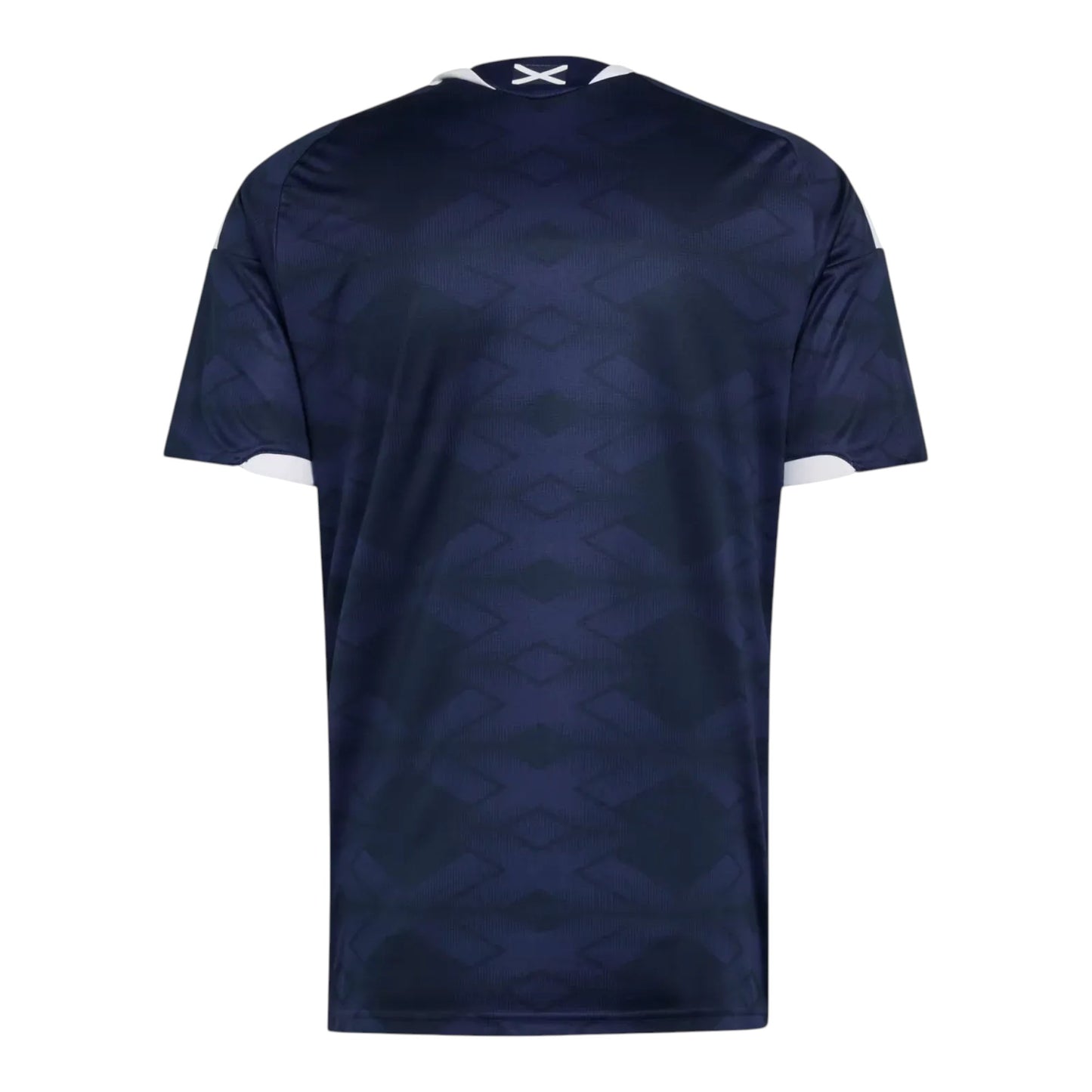 GOATkitz Scotland 2026 kids home jersey, dark blue with a subtle geometric pattern and white trim on the sleeves and collar.