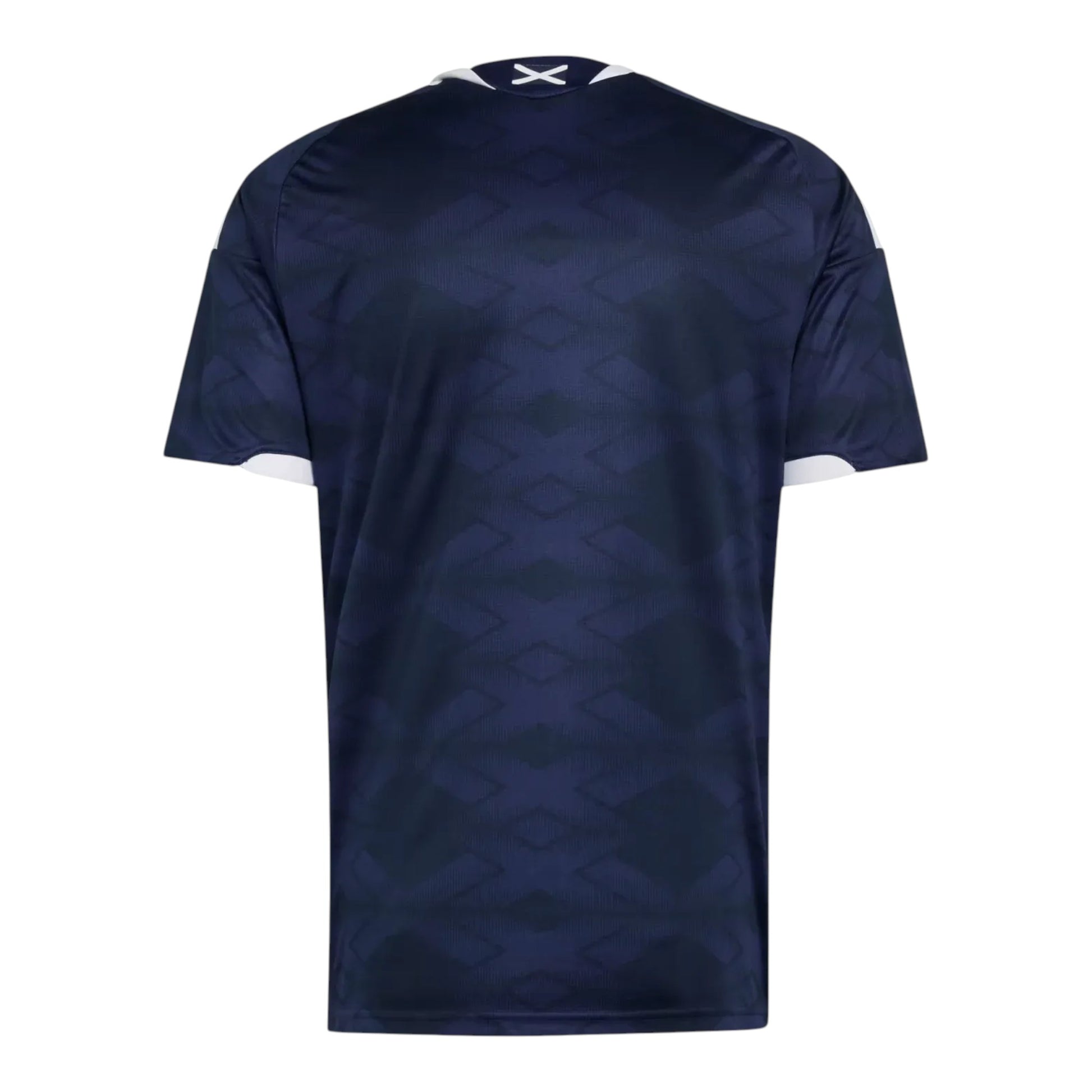 GOATkitz Scotland 2026 kids home jersey, dark blue with a subtle geometric pattern and white trim on the sleeves and collar.
