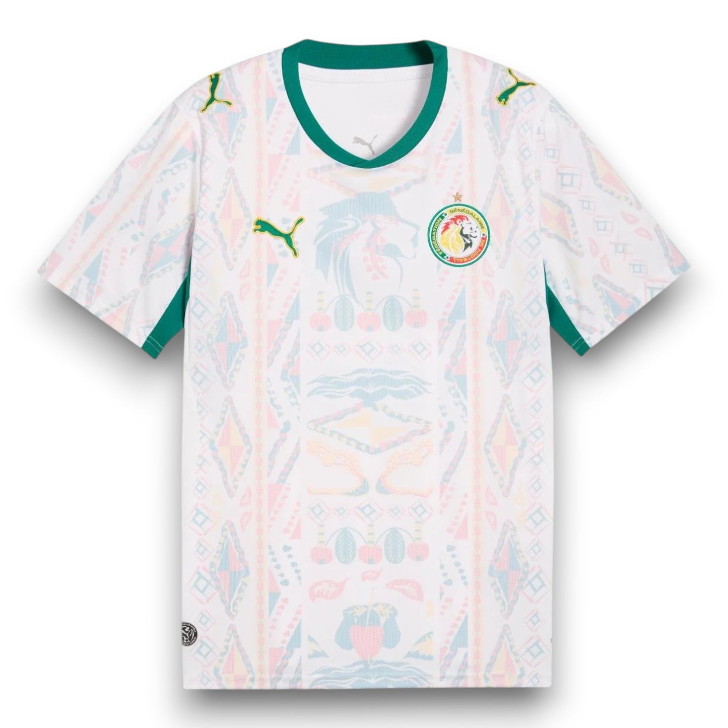 GOATkitz Senegal 2026 adult home jersey, white with green trim and a colourful geometric pattern. Features Puma logo and Senegal crest.