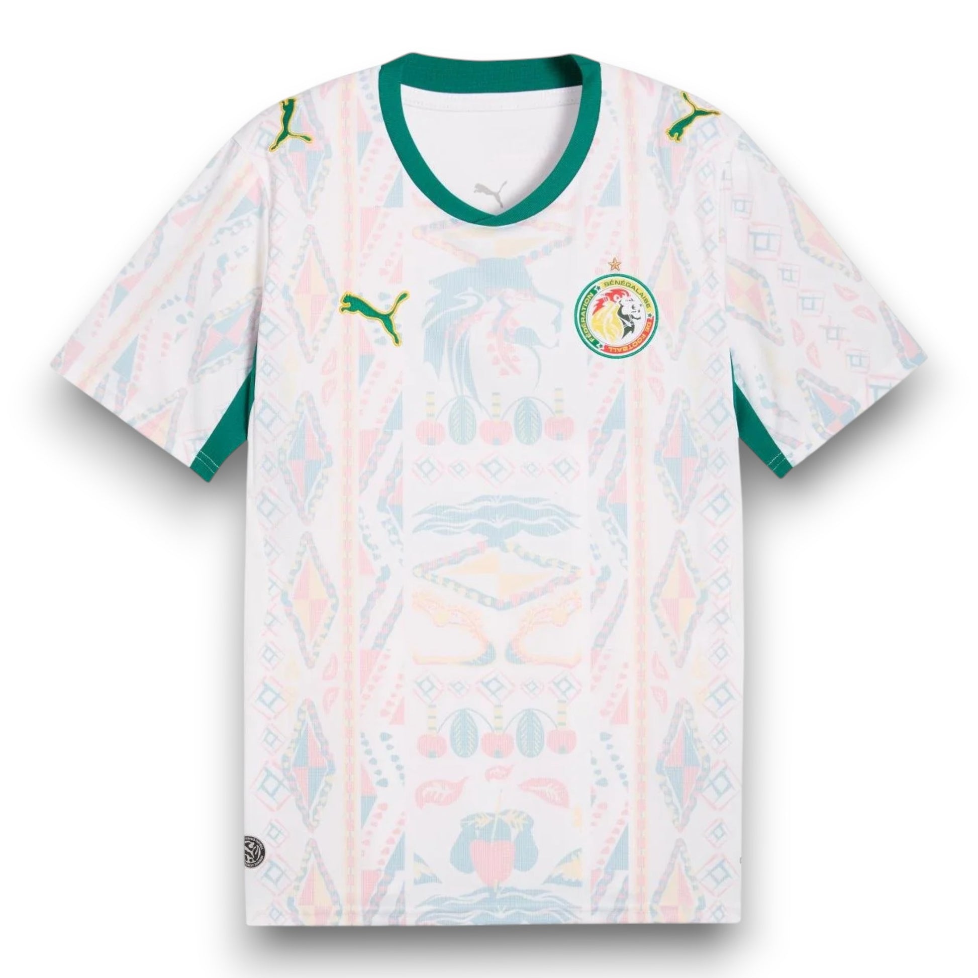 GOATkitz Senegal 2026 adult home jersey, white with green trim and a colourful geometric pattern. Features Puma logo and Senegal crest.