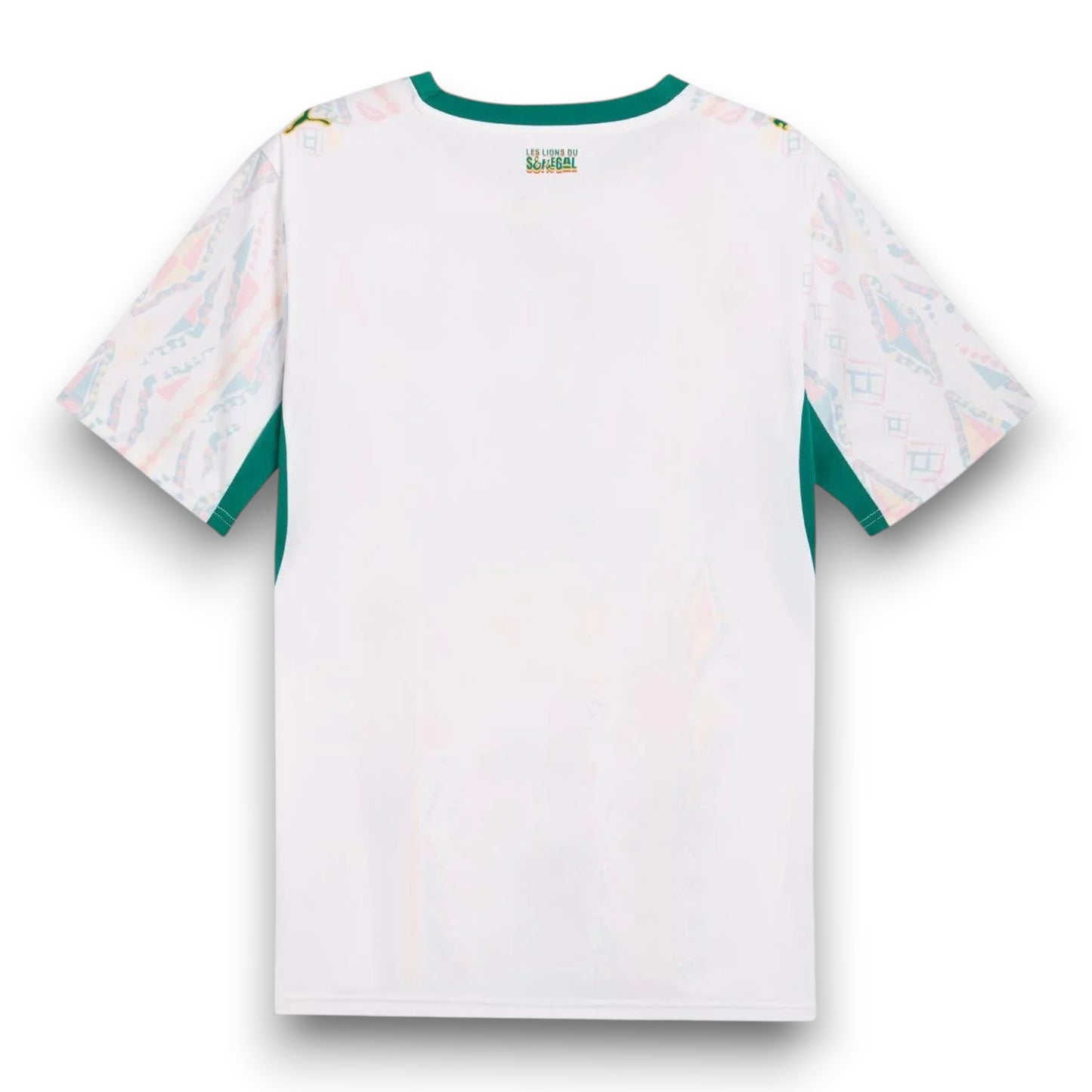 GOATkitz Senegal 2026 Adult Home Jersey, white with green trim and colourful patterned sleeves. Customizable.