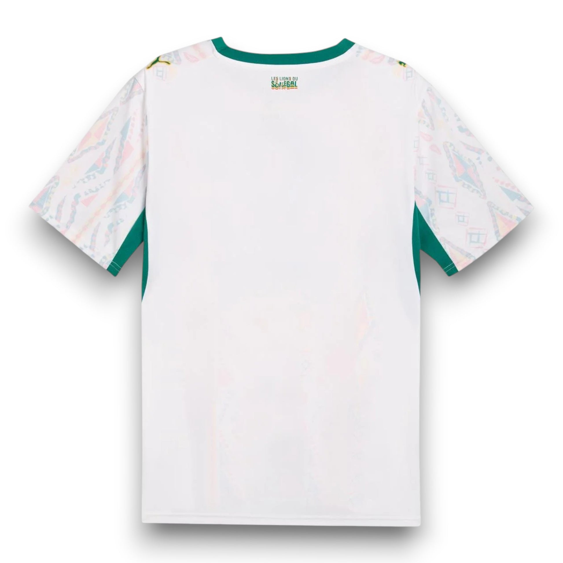 GOATkitz Senegal 2026 Adult Home Jersey, white with green trim and colourful patterned sleeves. Customizable.