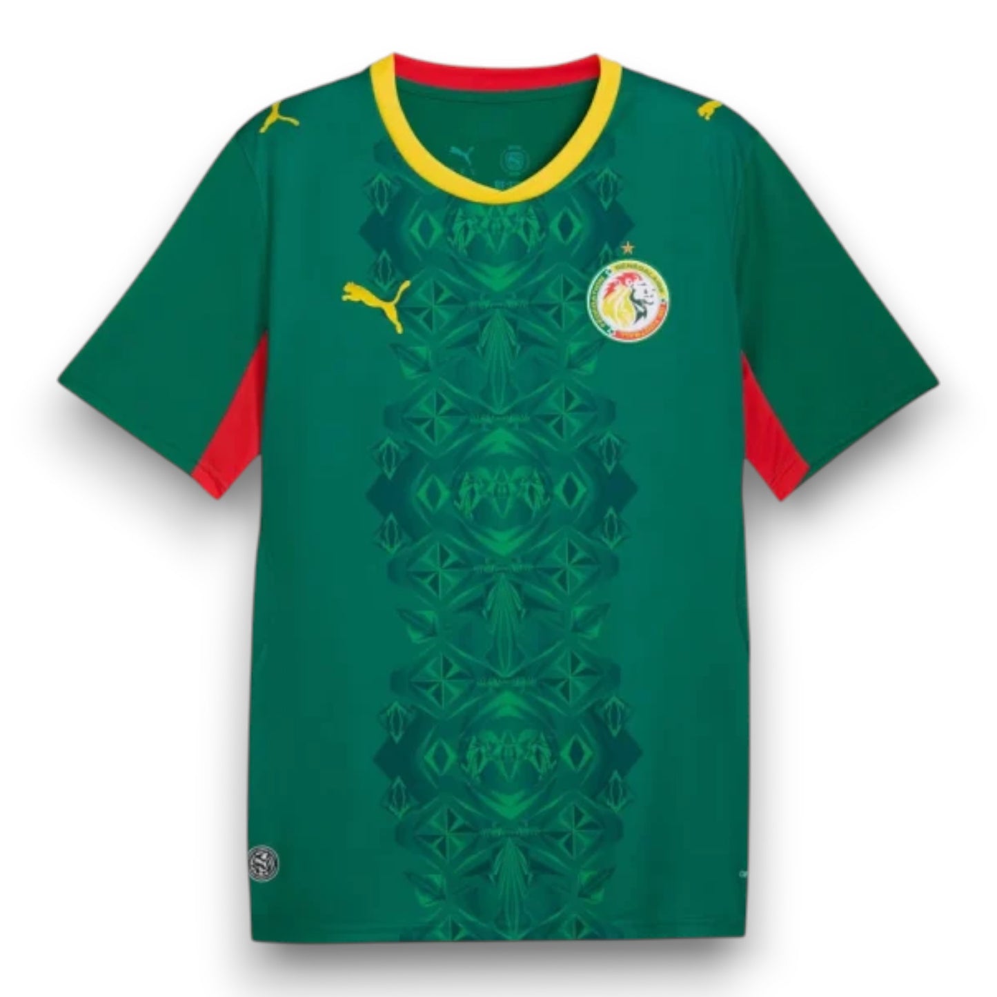 GOATkitz Senegal 2026 Adult Away Jersey in green with yellow and red accents. Features a geometric pattern and team crest.