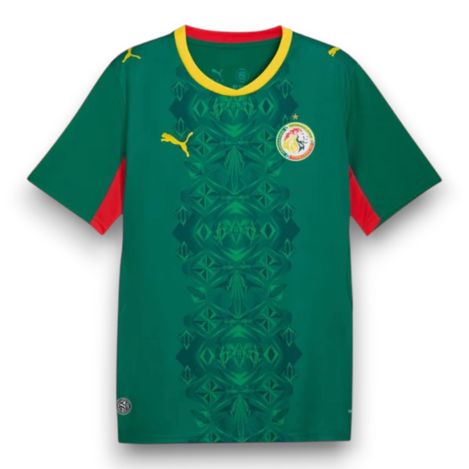 GOATkitz Senegal 2026 Adult Away Jersey in green with yellow and red accents. Features a geometric pattern and team crest.