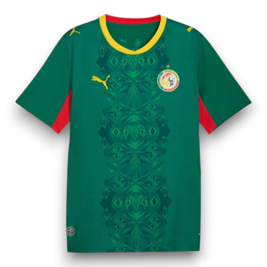 GOATkitz Senegal 2026 Adult Away Jersey in green with yellow and red accents. Features a geometric pattern and team crest.