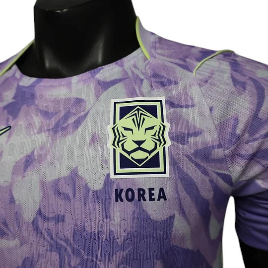 GOATkitz South Korea 2026 player version away jersey in purple with a white abstract pattern and the team crest.