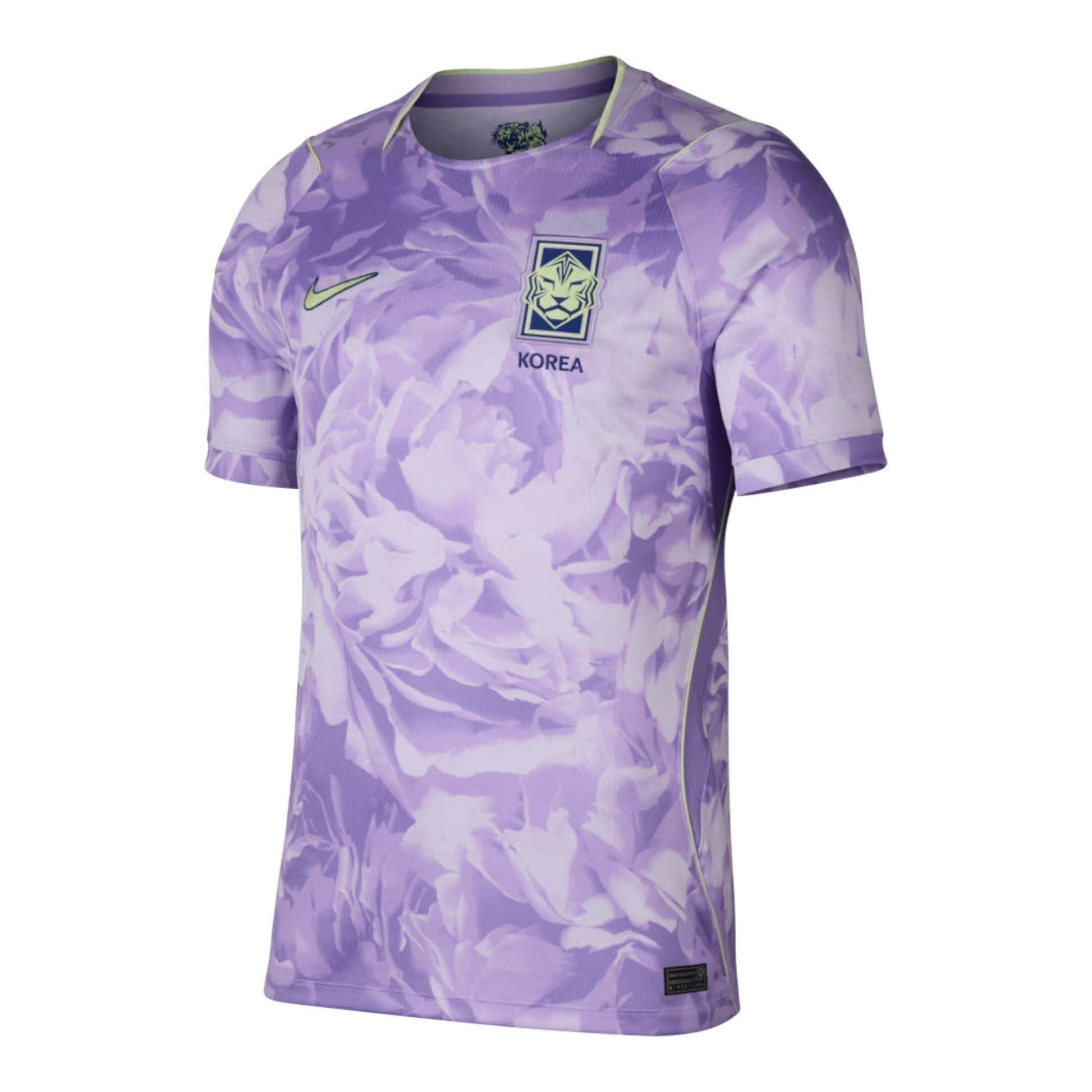 GOATkitz South Korea 2026 Adult Away Jersey in purple with a floral pattern and lime green accents. Features the Korea crest and Nike logo.