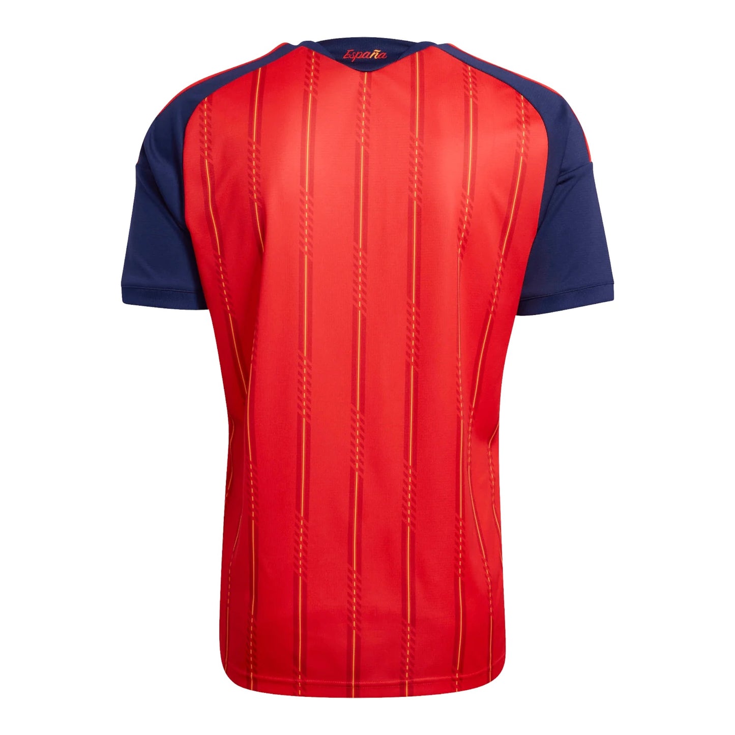 GOATkitz Spain 2026 Adult Home Jersey, red with vertical yellow stripes and navy blue sleeves. Customizable fan version.