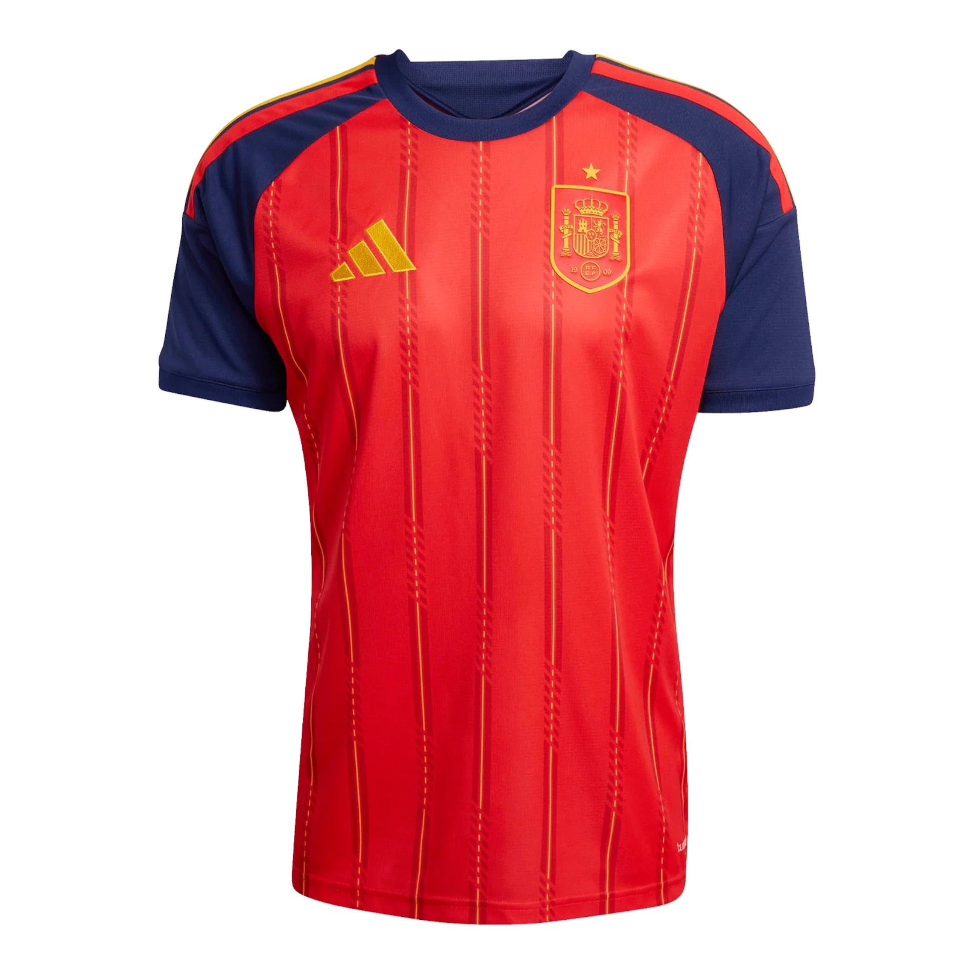 GOATkitz Spain 2026 adult home jersey in red with navy blue sleeves and yellow accents. Features vertical pinstripes and the Spain crest.