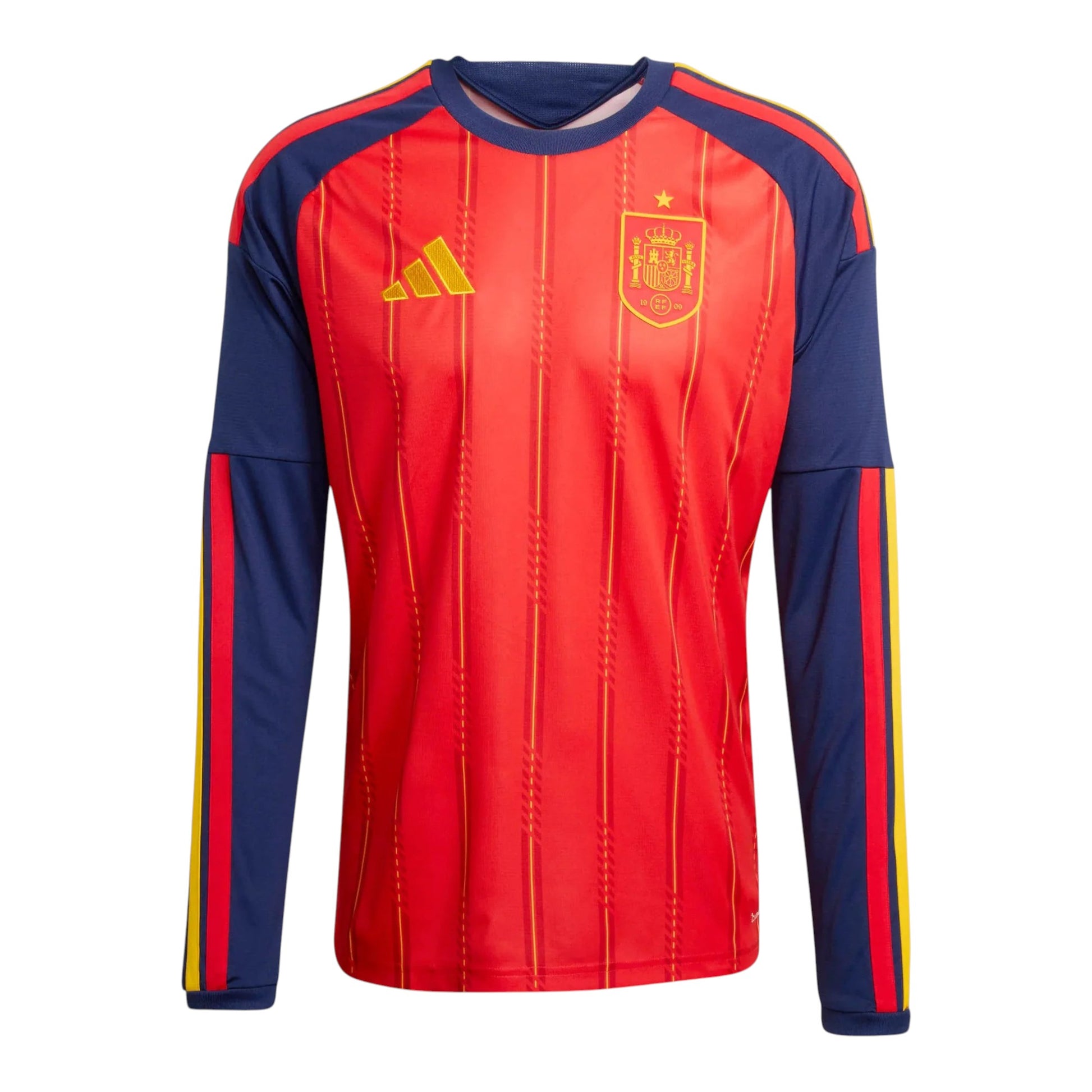 GOATkitz Spain 2026 long sleeve adult home jersey in red with navy blue sleeves and yellow accents. Features vertical pinstripes and team crest.