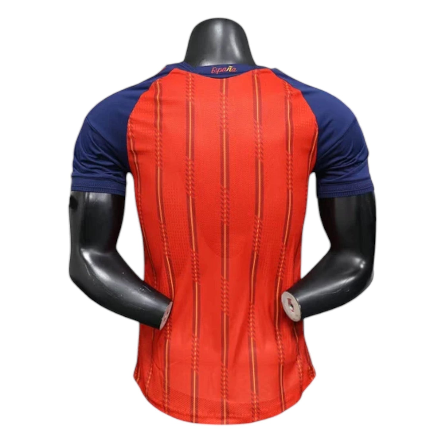 GOATkitz Spain 2026 player version home jersey, red with navy sleeves and vertical stripe pattern.