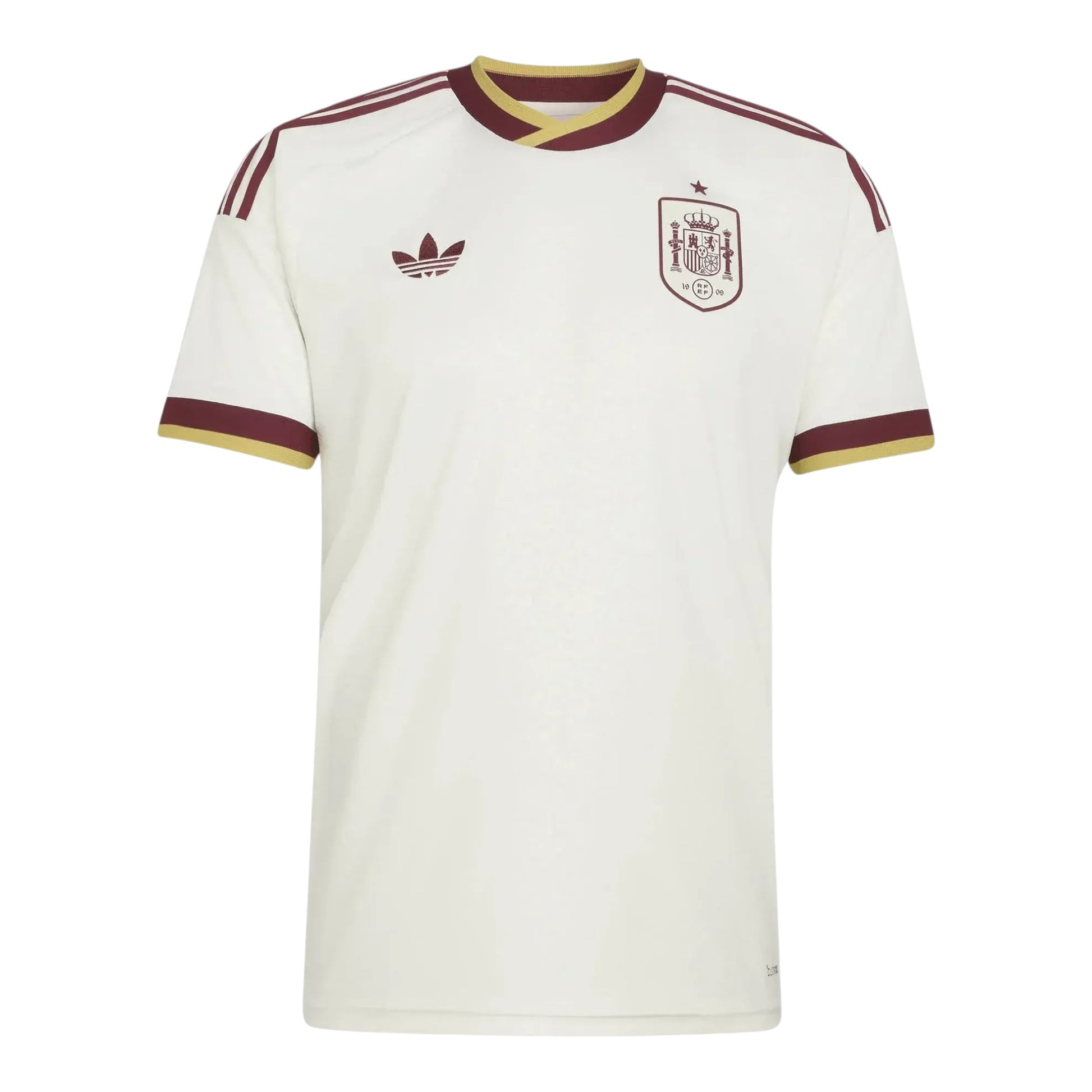 GOATkitz Spain 2026 Adult Away Jersey in off-white with maroon and gold trim on collar and sleeves. Features Adidas logo and Spain crest.