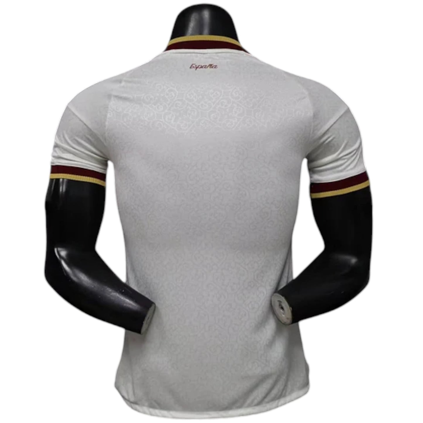 GOATkitz Spain 2026 Player Version Away Jersey, white with maroon and gold trim on collar and sleeves. Features subtle embossed pattern.