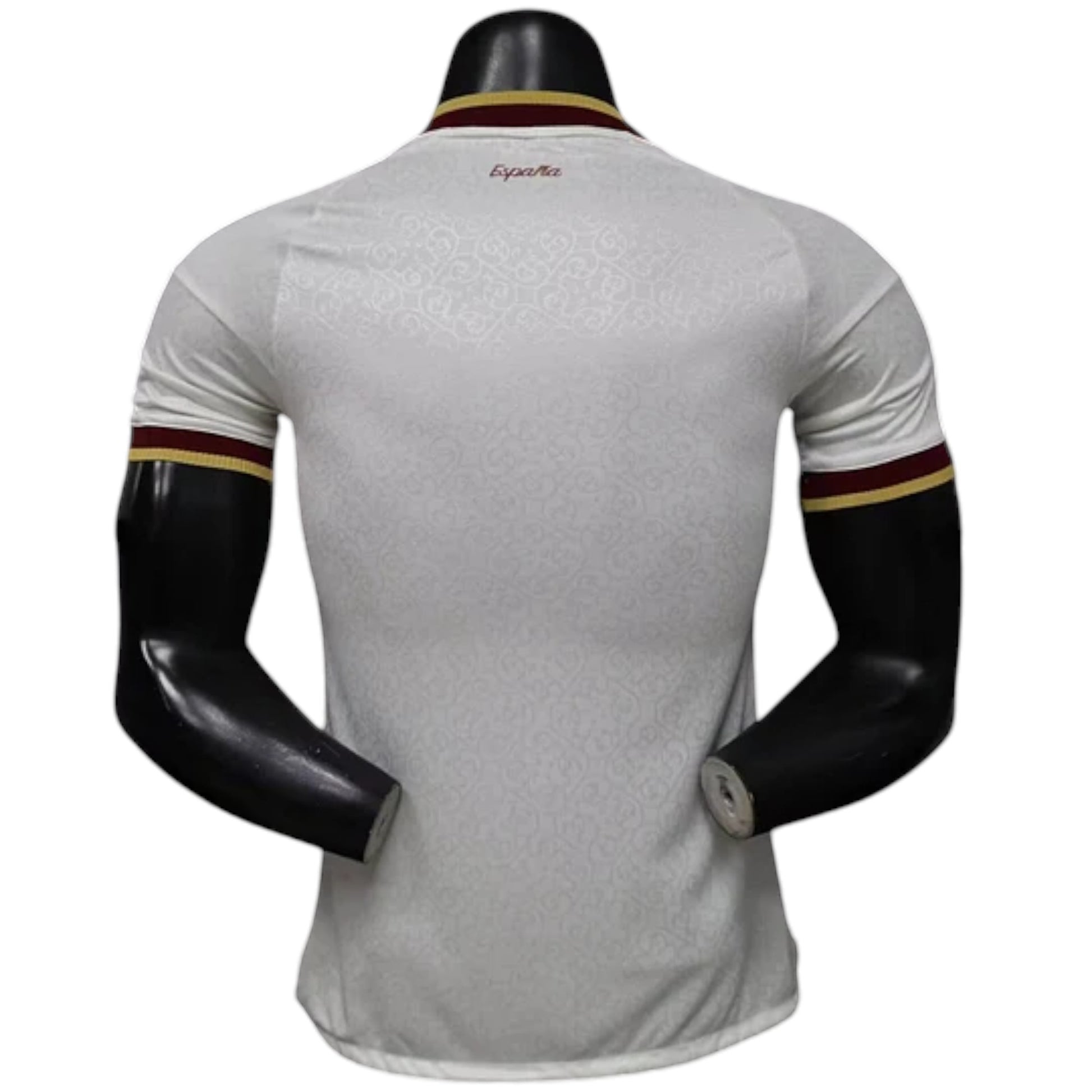 GOATkitz Spain 2026 Player Version Away Jersey, white with maroon and gold trim on collar and sleeves. Features subtle embossed pattern.