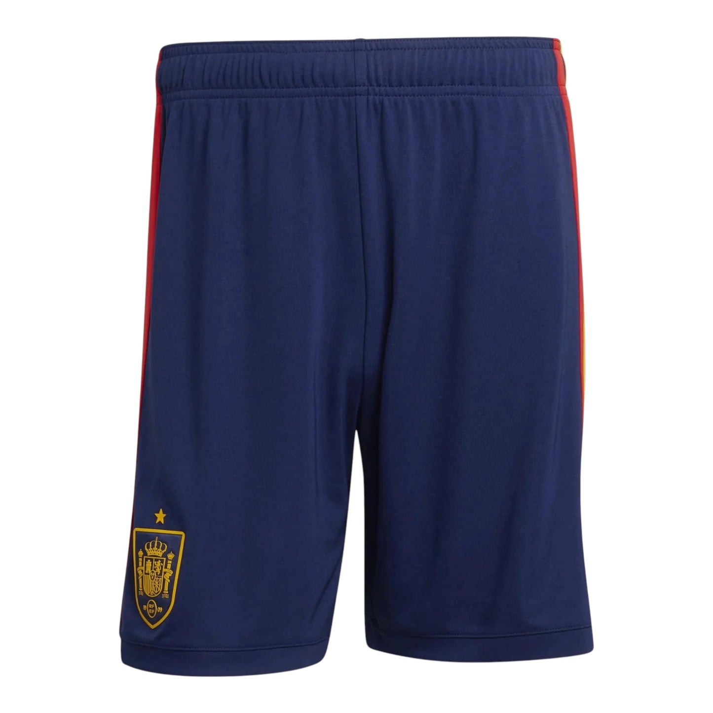 GOATkitz navy blue kids' soccer shorts with red and yellow side stripes and Spain crest.