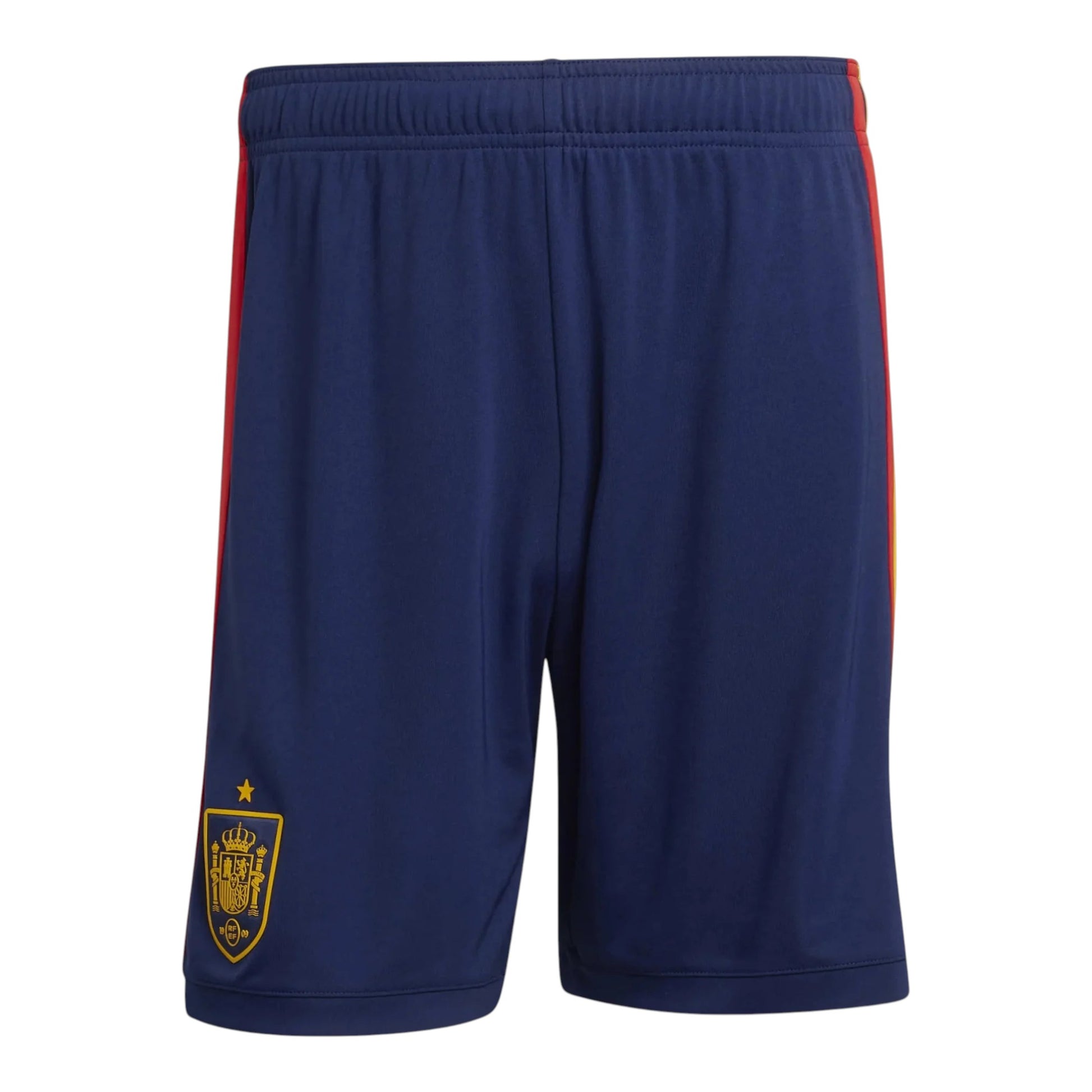 GOATkitz navy blue kids' soccer shorts with red and yellow side stripes and Spain crest.