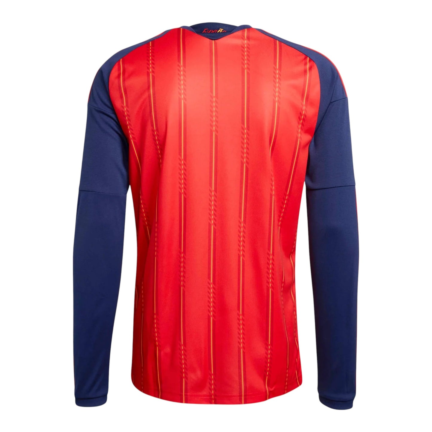 GOATkitz Spain 2026 long sleeve adult home jersey in red with navy blue sleeves and vertical yellow stripes.