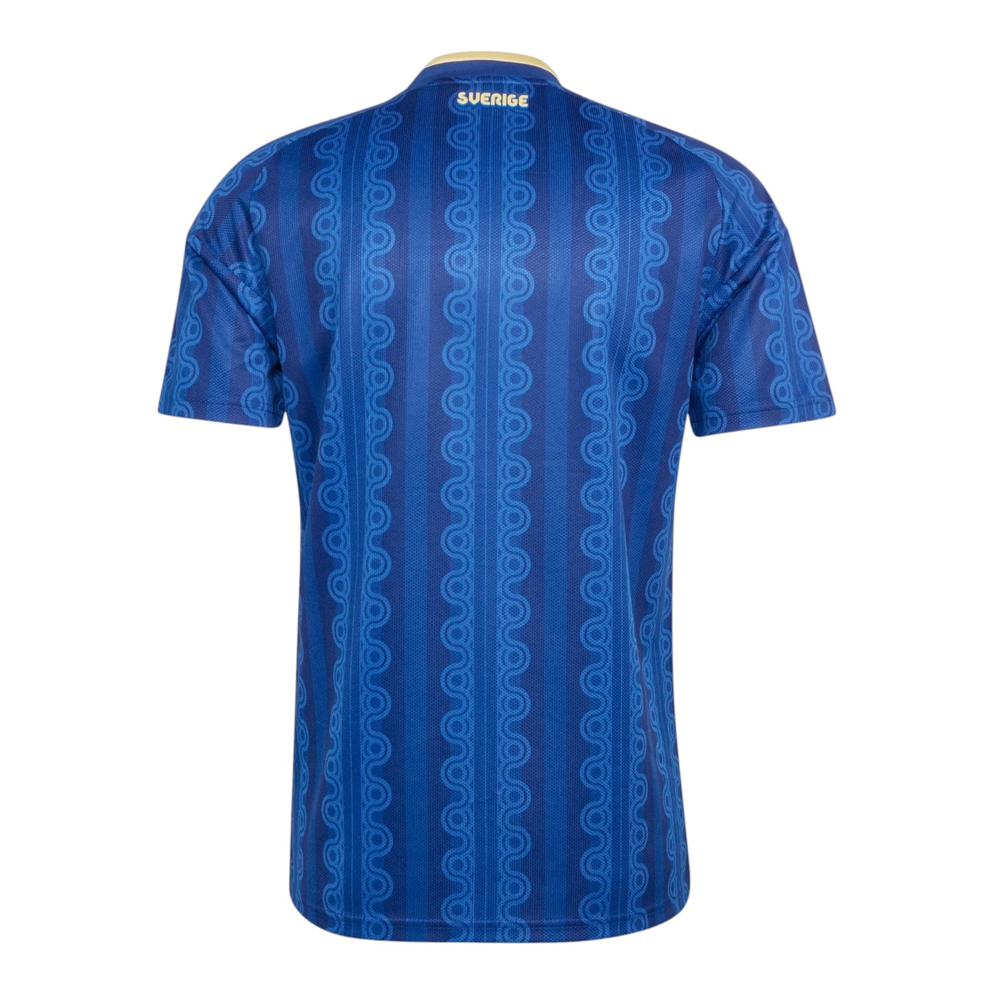 GOATkitz Sweden 2026 Adult Away Jersey in blue with a repeating wave pattern and yellow trim on the collar.