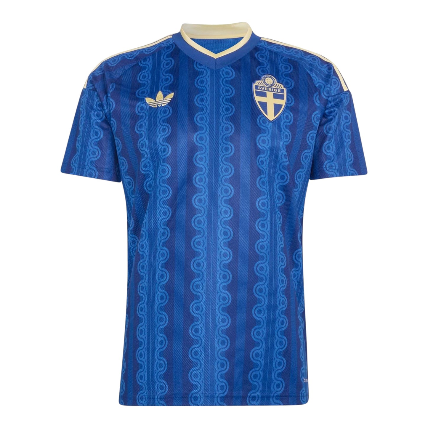 GOATkitz Sweden 2026 adult away jersey in blue with yellow trim and a repeating wave pattern. Features Sweden crest and Adidas logo.