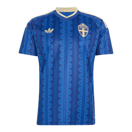 GOATkitz Sweden 2026 adult away jersey in blue with yellow trim and a repeating wave pattern. Features Sweden crest and Adidas logo.