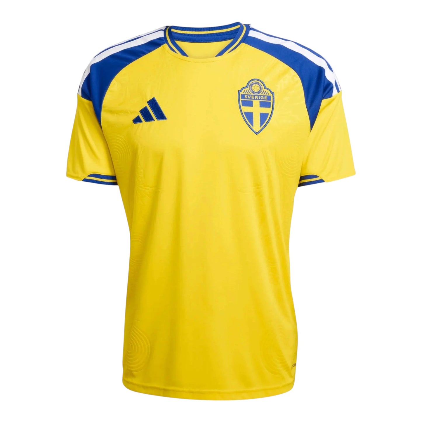 GOATkitz Sweden 2026 Adult Home Jersey in bright yellow with blue accents and white stripes on the shoulders. Features the Swedish crest and Adidas logo.