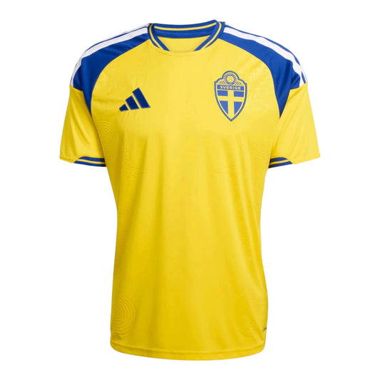 GOATkitz Sweden 2026 Adult Home Jersey in bright yellow with blue accents and white stripes on the shoulders. Features the Swedish crest and Adidas logo.