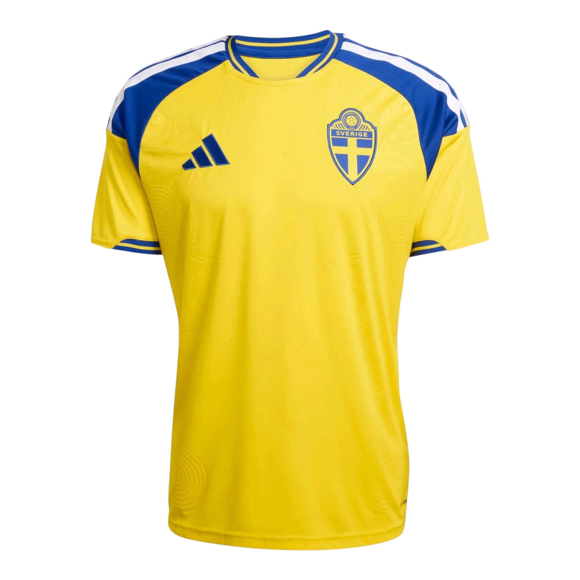 GOATkitz Sweden 2026 kids home jersey in yellow with blue trim and white stripes on shoulders. Features Sweden crest and Adidas logo.