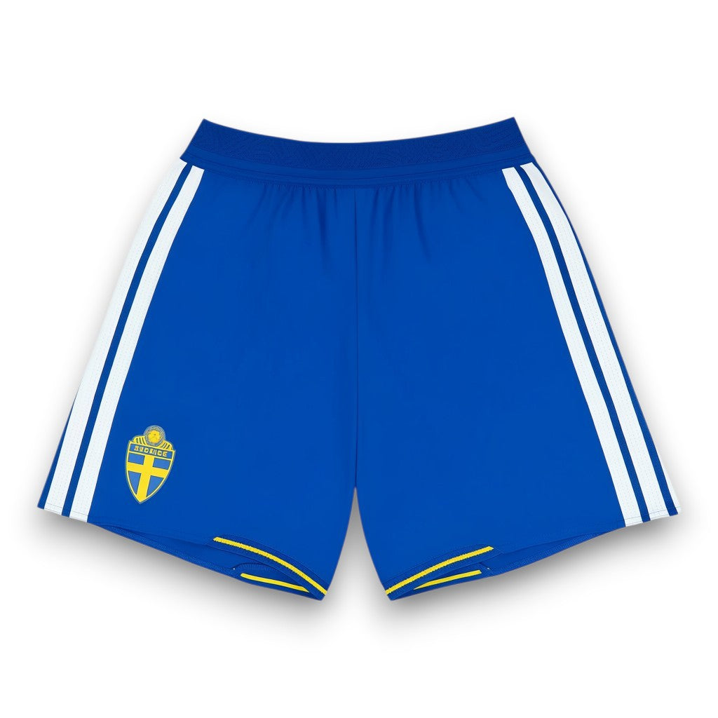 GOATkitz blue Sweden 2026 kids home soccer shorts with white stripes and yellow trim. Customizable.